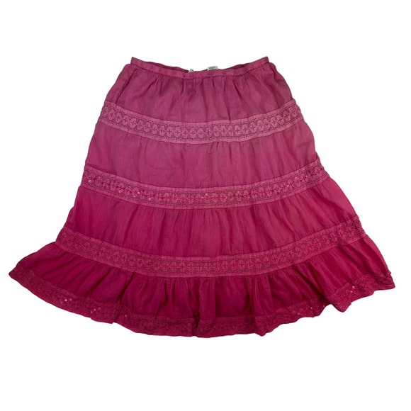 Derek Heart Pink Cotton Gauze Tiered Midi Skirt Boho Crochet Lace Sequin M - Picture 3 of 9